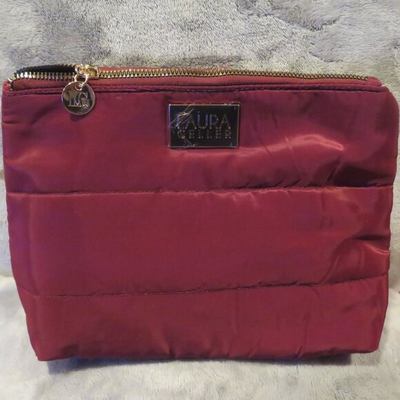 NWOT Laura Geller Quilted Puffy Nylon Burgundy Makeup Toiletry Bag Goldtone Zip - Picture 1 of 10
